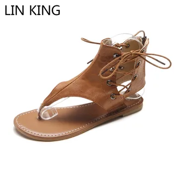 

LIN KING Retro Women Gladiator Sandals Lace Up High Top Cross Tie Lady Summer Flats Shoes Comfortable Rome Sandalias Big Size 43