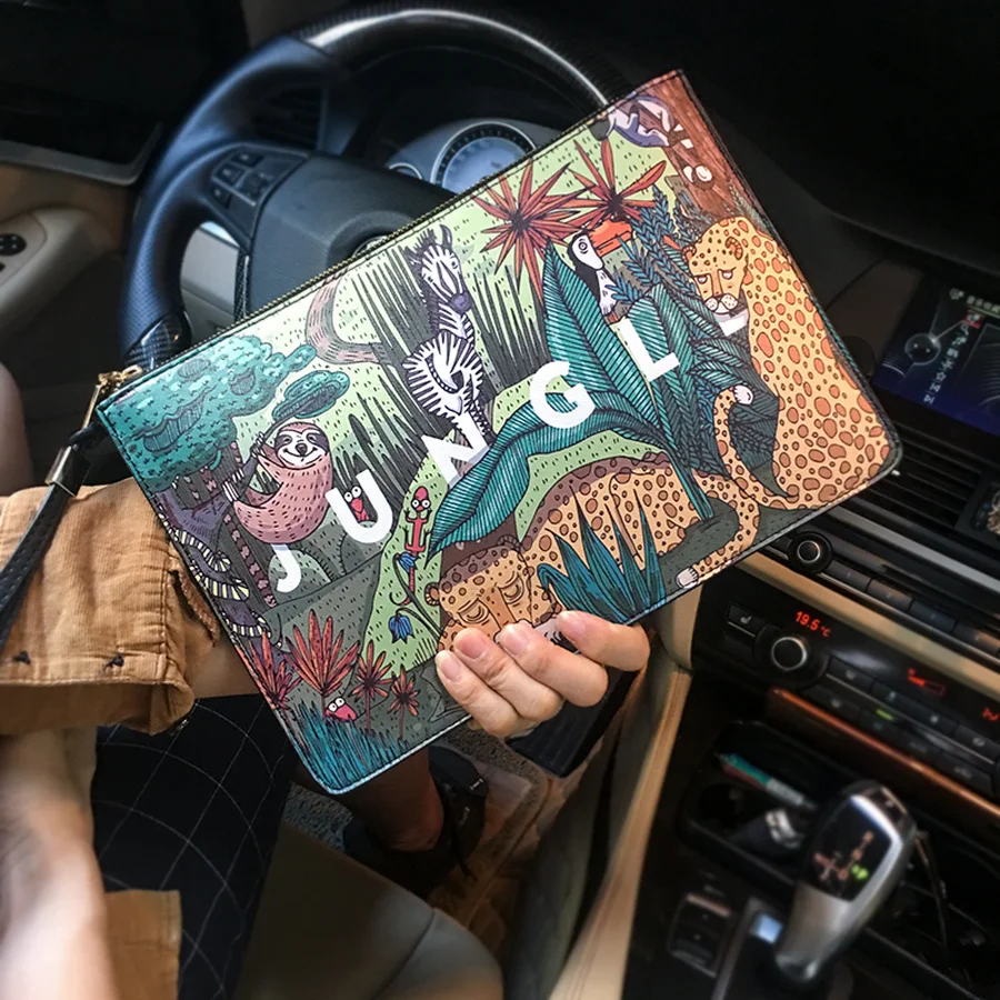 

Fashion Plants Print Clutch Bags for Women Personality Leather Contrast Color Street Men's Wrist Bag Couple Casual IPad Bag