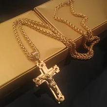 2016 Men’s Fashion Jewelry Jesus Cross Pendant Cuban Chain Necklace Sweater Chain