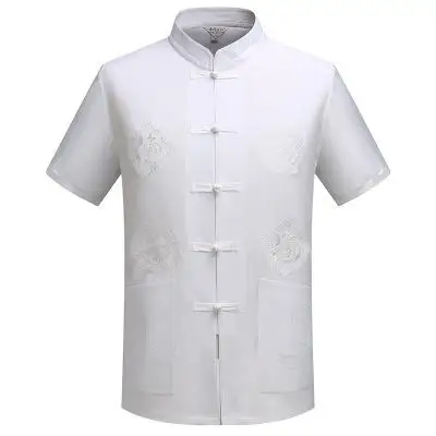 Мандарин Воротник Кунг фу Тай Чи Униформа Традиционный китайский дракон одежда костюм Тан Топ летняя хлопковая Льняная мужская рубашка m-xxxl - Цвет: White C