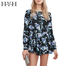 HYH haoyihui с цветочным принтом Винтаж спинки ползунки элегантный Ruched дно Bateau Playsuit Богемия Высокая Талия короткий комбинезон