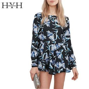 

HYH HAOYIHUI Floral Printed Vintage Backless Romper Elegant Ruched Bottom Bateau Playsuit Bohemia High Waist Short Jumpsuit