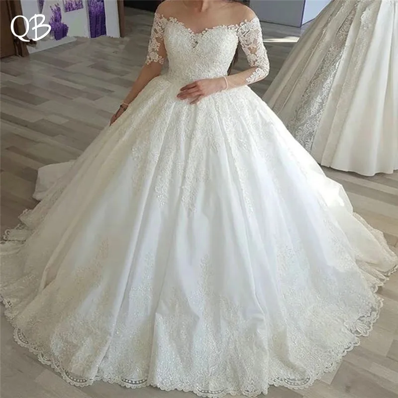 

Custom Made Empire Long Sleeve Fluffy Lace Tulle Wedding Dresses Elegant Luxury Vintage Bridal Gowns DW129