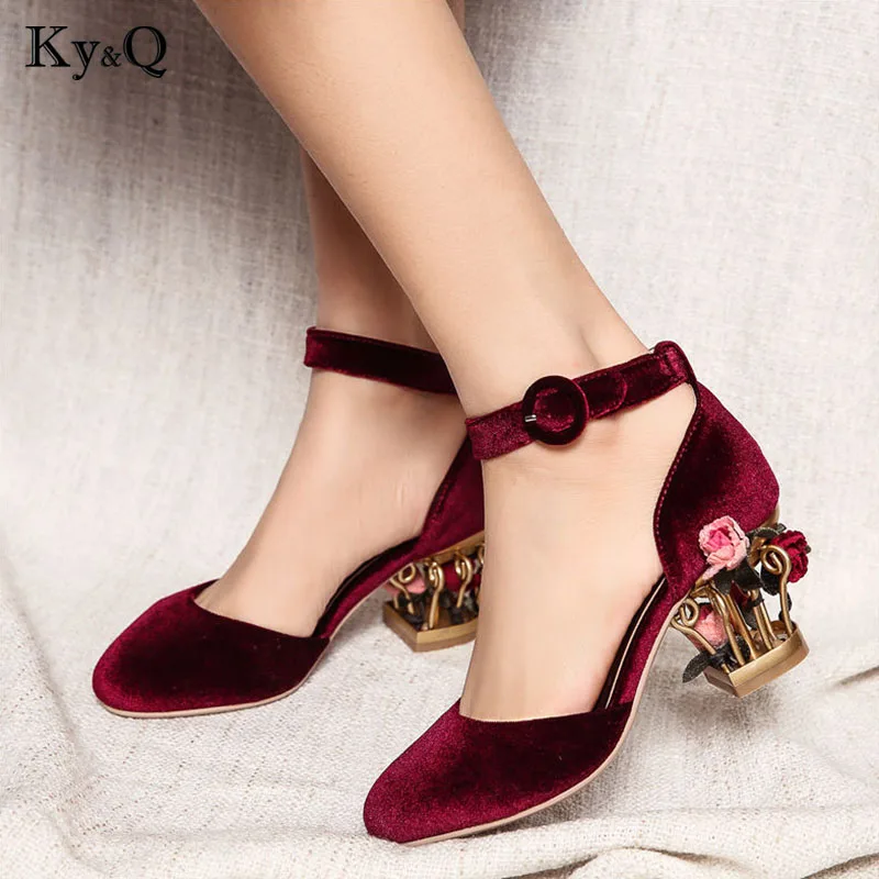 

Elegant Wedding Shoes Women Party Pumps Thick Bird Cage High Heels Ankle Strap 2018 Luxury Flower Pumps 5cm/8cm Heel Size