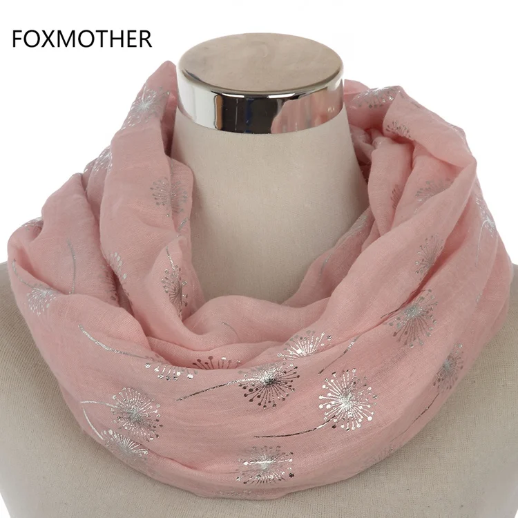FOXMOTHER новая мода белая серая блестящая бронзовая Фольга Серебряный Одуванчик шарф кольцо платок женские хиджаб шарфы Прямая поставка - Цвет: Pink