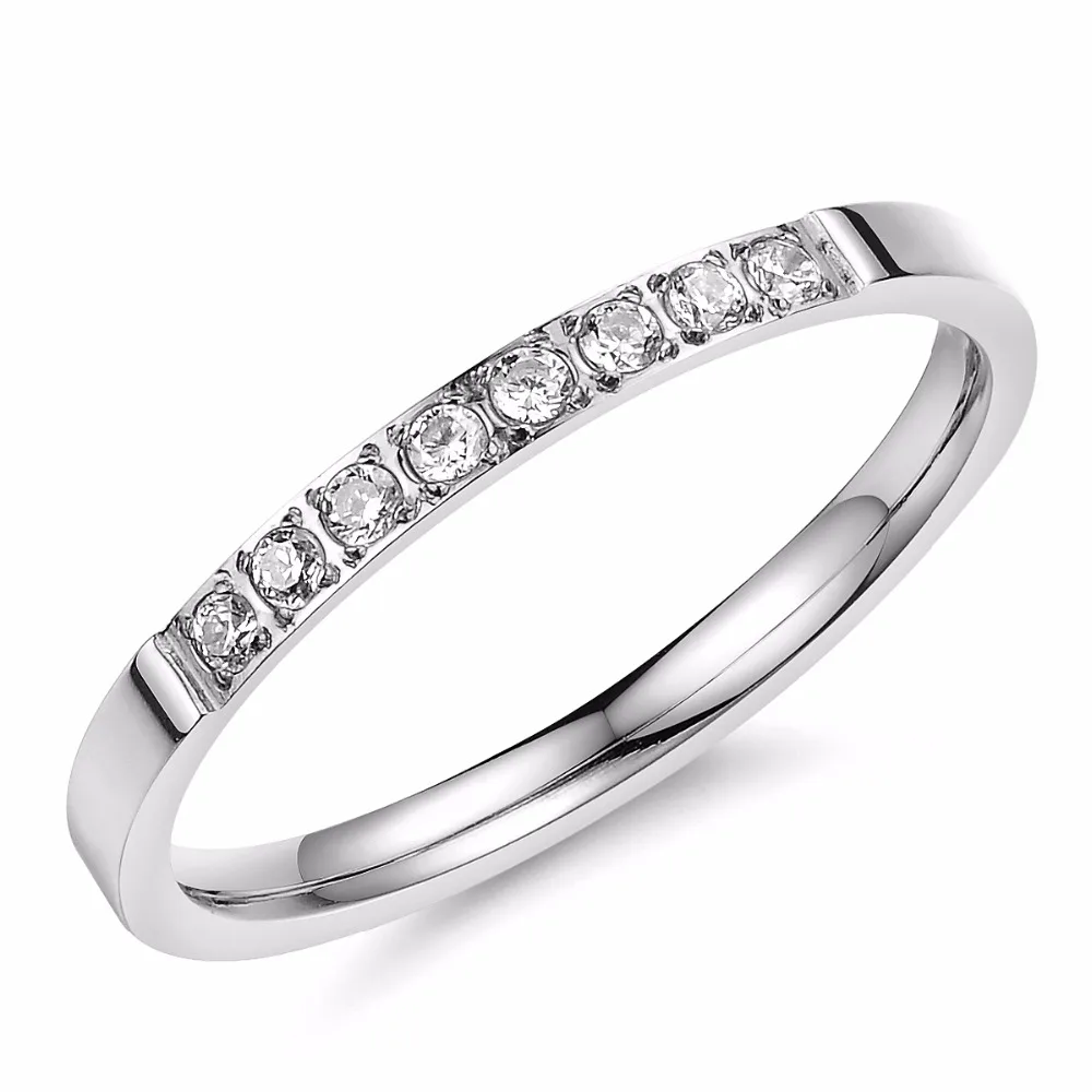 2mm Women's Stainless Steel Fashion Thin Simple Engagement Rings with Crystal Inlayin Rings