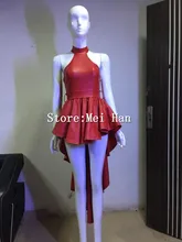 Fashion Cute Red Leather Dress For Women Sexy Bow Trailing Party Dresses Stage Dance Nightclub Costume Female Singer Wear