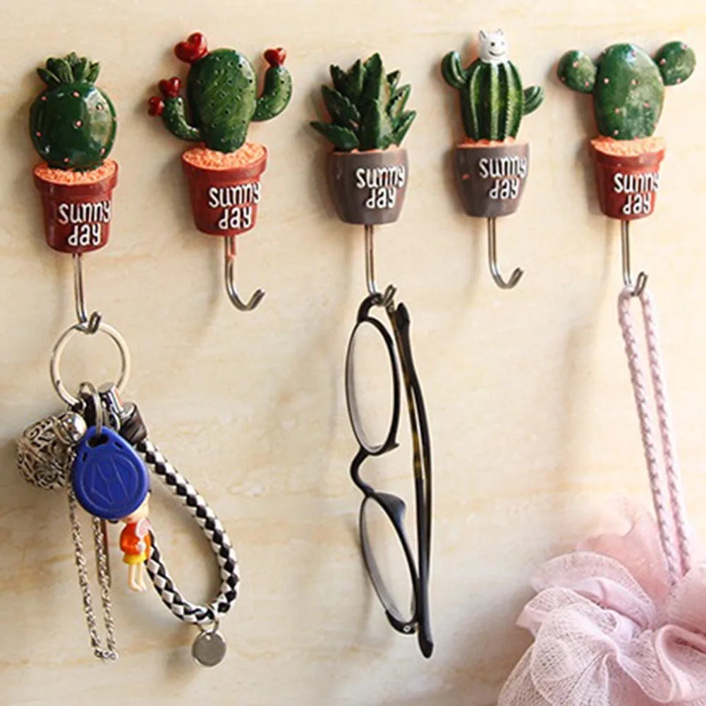 7Style Wall Hook Cactus Adhesive Artificial Flower Pot