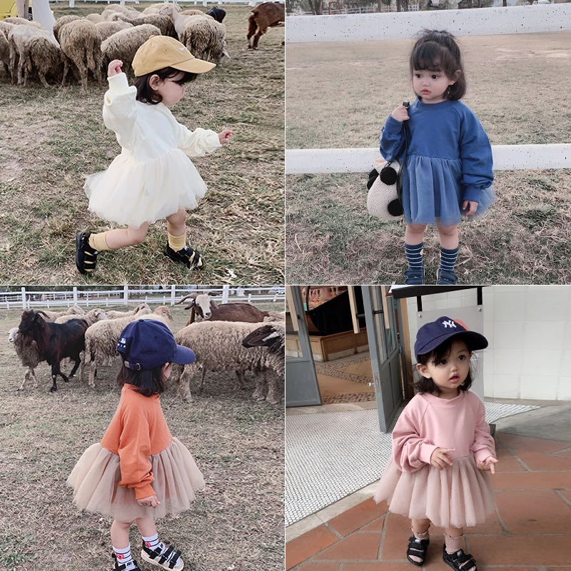 

Children Spring 2019 New Fleece Stitching Net Veil Dress Baby Girl Long Sleeved Cute Dress Kids Clothing