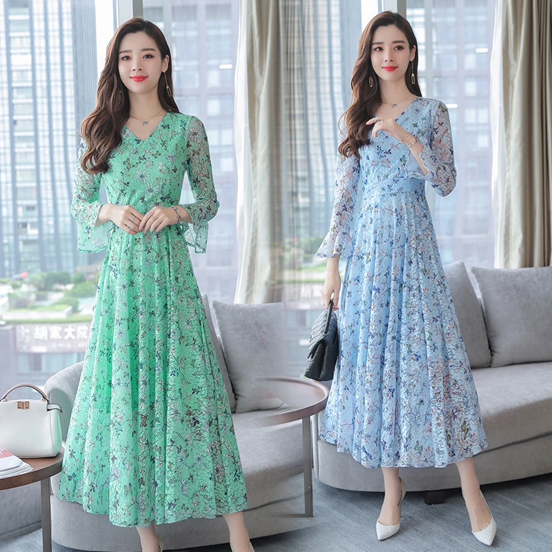 

2018 New Women dress Full Sleeve Slim Lace In Long Waist Cold Wind Dresses Pink Green Blue Apricot 8132