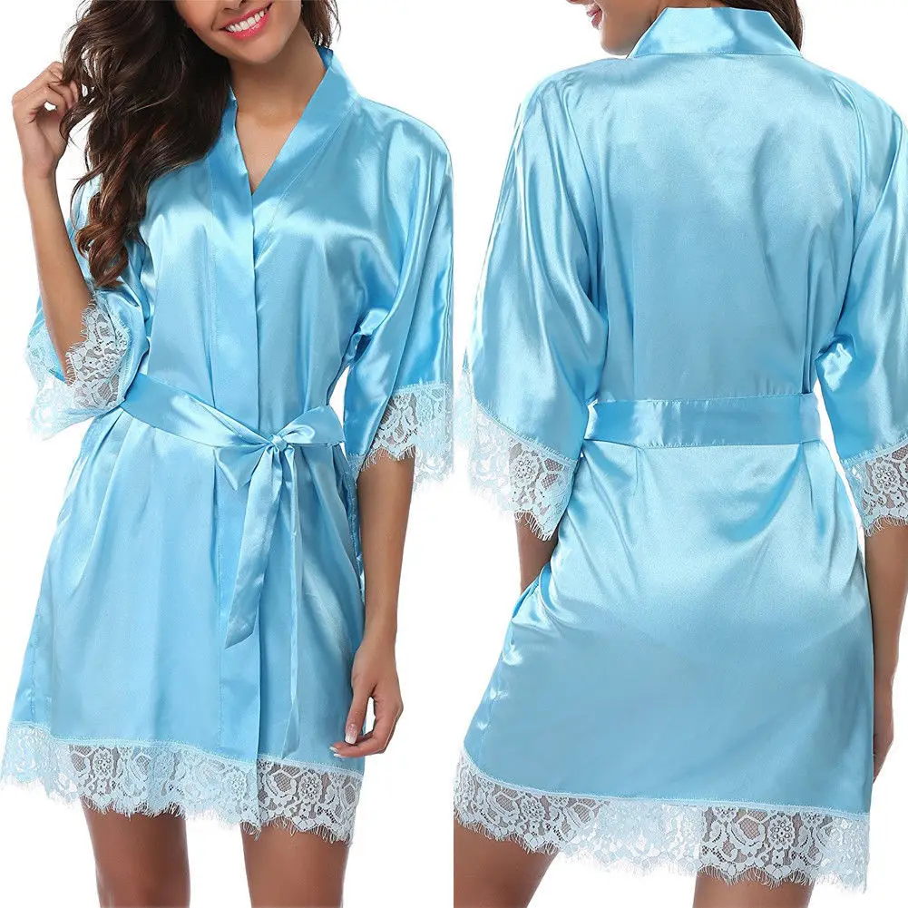 Женские сексуальные простые шелковые атласные кружевные тонкие мягкие халаты Банные Пижамы Экзотические наборы платьев - Цвет: Небесно-голубой