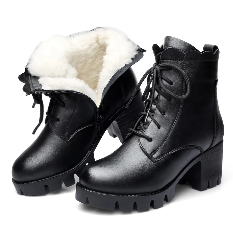 30℃ Wool Fur warm Cow Leather ankle boots women winter Genuine Leather platform botas High heel Lace up plush snow shoes