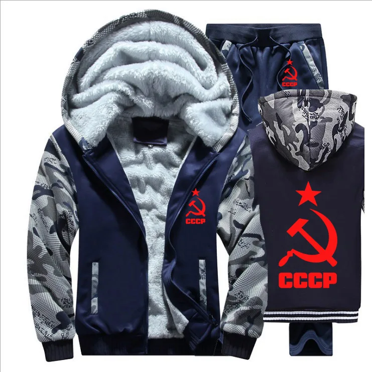 Зимний флисовый утолщенный спортивный костюм CCCP, русские толстовки с капюшоном, мужской комплект, повседневный теплый комплект из 2 предметов, толстовки с капюшоном в советском стиле, куртка+ штаны