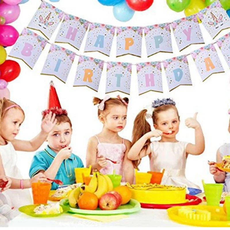 1 комплект Блестящий Единорог счастливый плакат "с днем рождения" детские бумажные флажки для дня рождения украшения Дети Единорог вечерние Suppilies