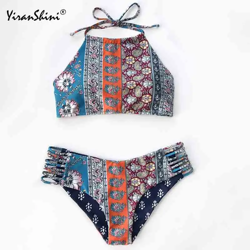 

YIRANSHINI Swimwear Women 2018 Sexy Backless Floral Printed Bikini Push Up Women Vintage Swimsuit Bathing Suit Maillot de Bain