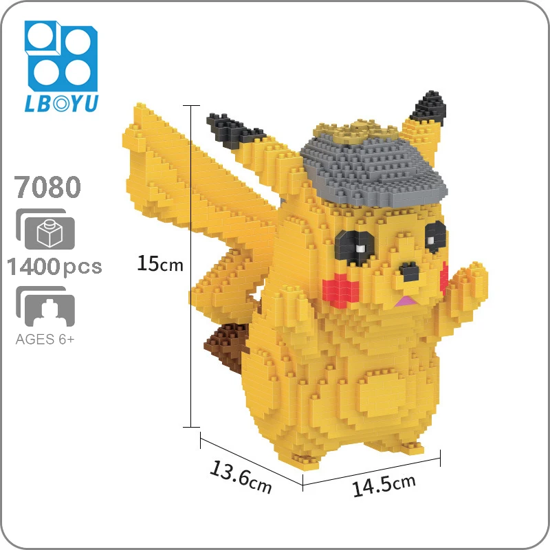

Boyu 7080 Detective Pikachu Pocket Monster DIY 3D Model Animal Micro Mini Small Blocks Diamond Building Toys for Children no Box