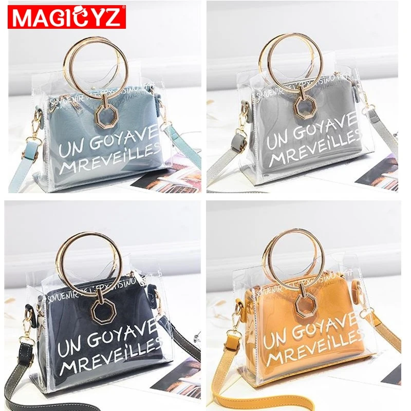 حلقة معدنية واضح شفاف PVC النساء أكياس إلكتروني هلام 2 مجموعات النساء رسول Crossbody حقيبة الأعلى مقبض مركب الإناث بولسا