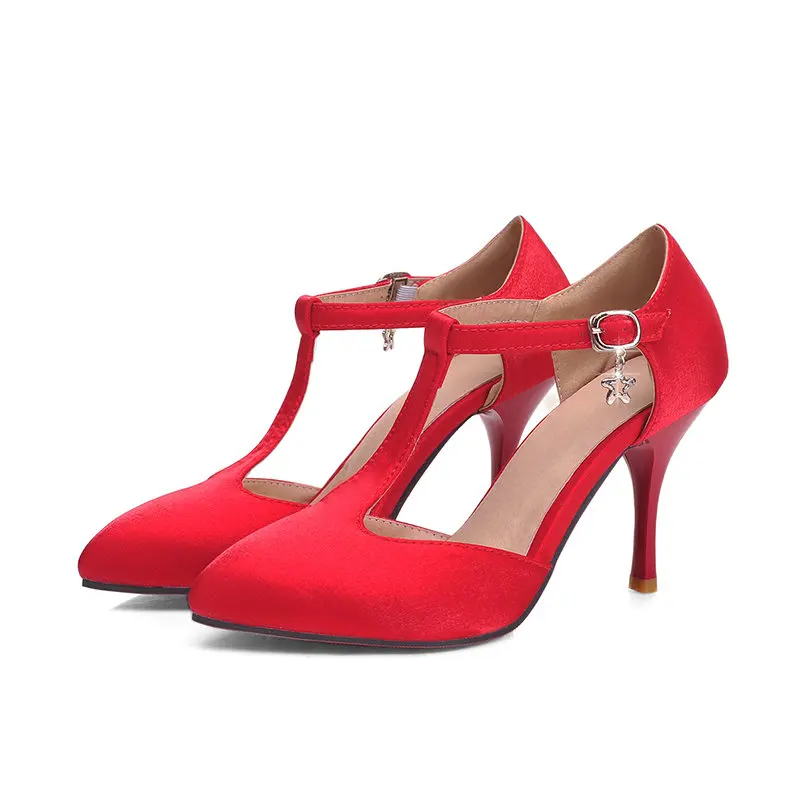 

Fashion Ladies Summer Shoes Women Pumps Thin High Heel Black T-strap Pointed Toe Female Wedding Shoes Size 34-43