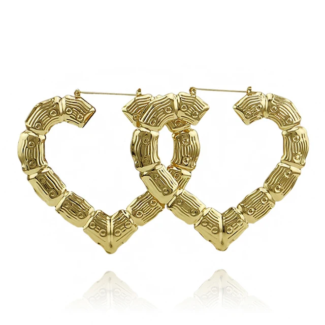Gold Color Heart Bamboo Earrings For Women Large Exaggerated Gold Color Heart Bamboo Earrings For Women Large Exaggerated Hoop Hip Hop