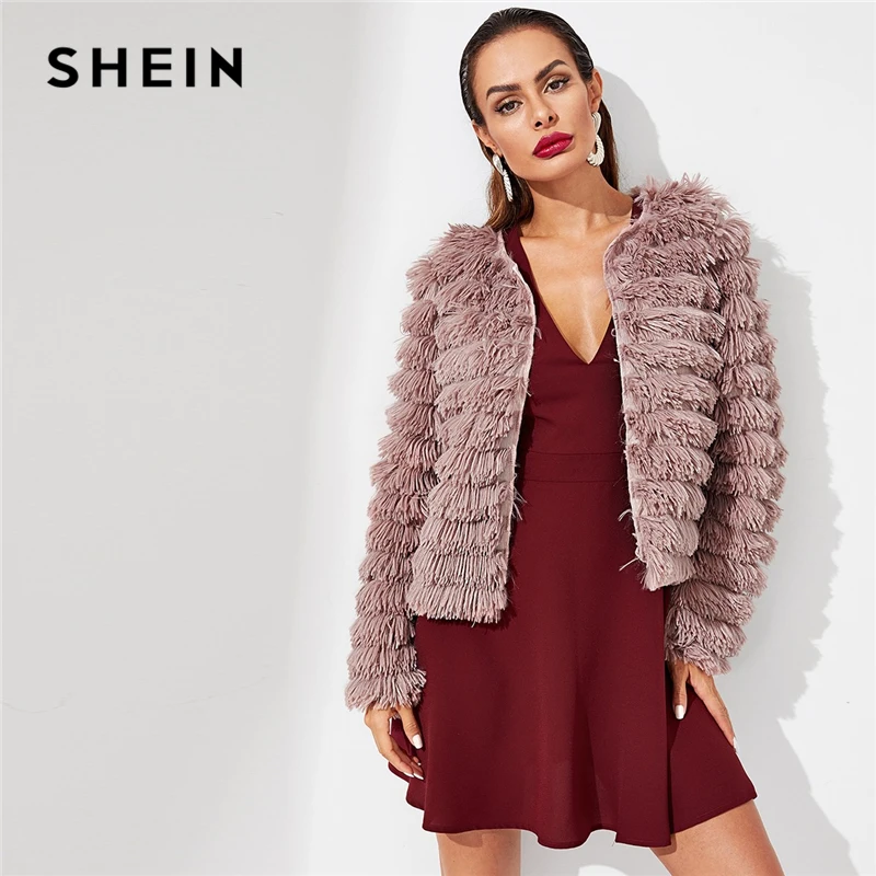 Buy SHEIN Pink Open Front Layered Fringe Coat Solid