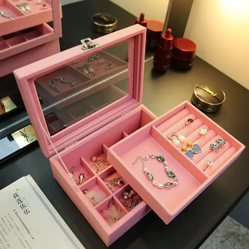 

ANFEI Jewery box Double layer Portable Jewelry Case Velvet Jewelry Box Storage Princess Dressing Birthday Gift /Casket Z1522