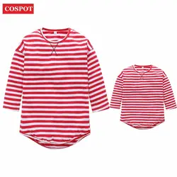 COSPOT/семейная футболка для мамы, детей, девочек, мальчиков, красные, черные топы в полоску для мамы и дочки, с длинными рукавами, Весенние