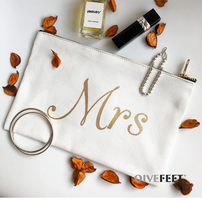 OIVEFEET LGC193, Mrs белая Брезентовая сумка для макияжа с золотой молнией, металлическая косметичка с принтом, подарок для невесты, модная сумка для свадьбы