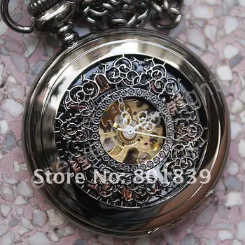 

Luxury Black Dial Hollow Skeleton Wind Up Mechanical Mens Pocket Watch with Chain Nice Xmas Gift Wholesale Price H106