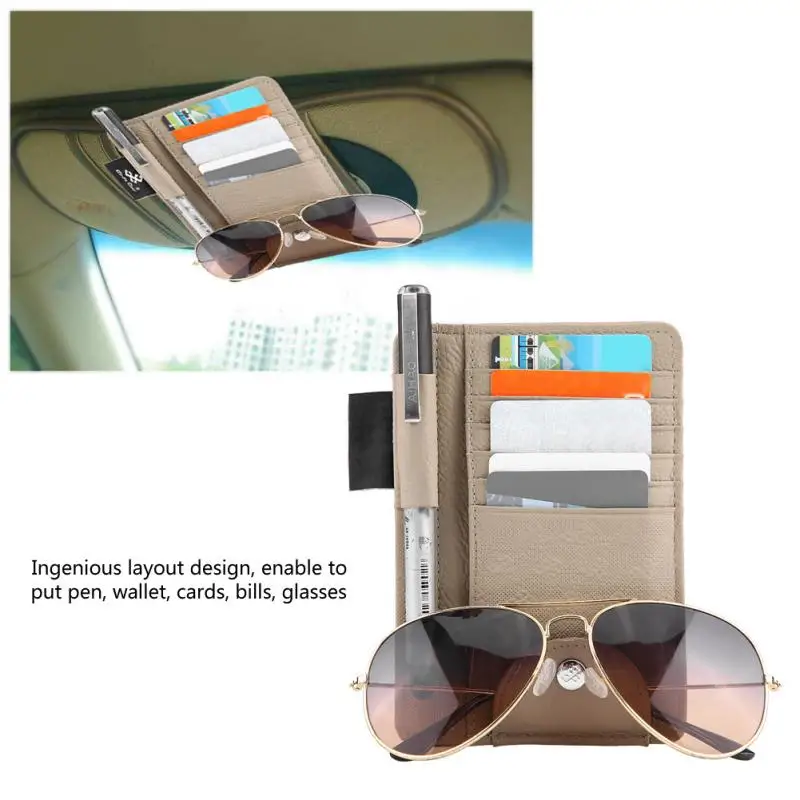 Leather Multi function Car Sun Visor Card Holder Pen Ticket Sunglasses