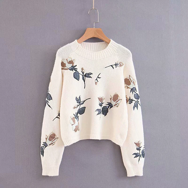 Embroidery Crewneck Bolero Sweater with Print Patterns Women Casual White Knit Wool Short Sweater Pullover Winter Maglioni Donna Embroidery Crewneck Bolero Sweater with Print Patterns Women Casual White Knit Wool Short Sweater Pullover Winter Maglioni Donna