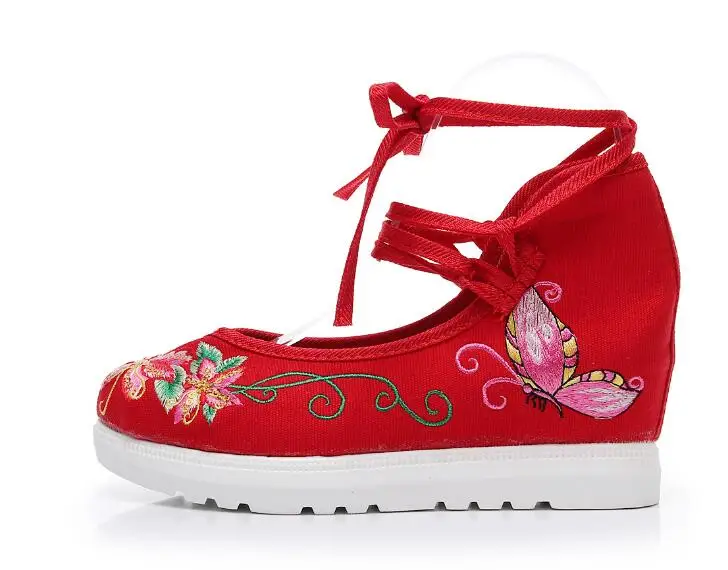 Сезон весна-осень; женская парусиновая обувь, увеличивающая рост; обувь на шнуровке в китайском стиле; винтажные женские туфли на танкетке с вышивкой в стиле ретро; 190530