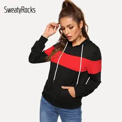 SweatyRocks Drawstring цвет блока карман Толстовка с длинным рукавом пуловер капюшоном топы корректирующие осень 2018 г. Повседневное для женщи