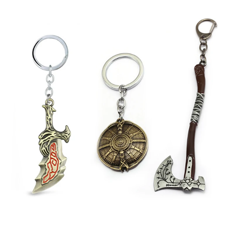 

MQCHUN God of War 4 Kratos Keychains Cratos Leviathan Axe BladesofChaos Shield Model llaveros Key chain Game Fans Collection