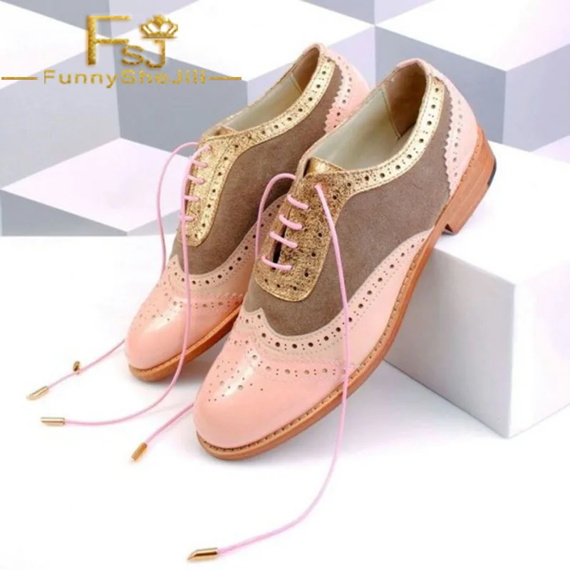 pink_and_brown_wingtip_women_s_oxfords_lace_up_flat_vintage_brogues