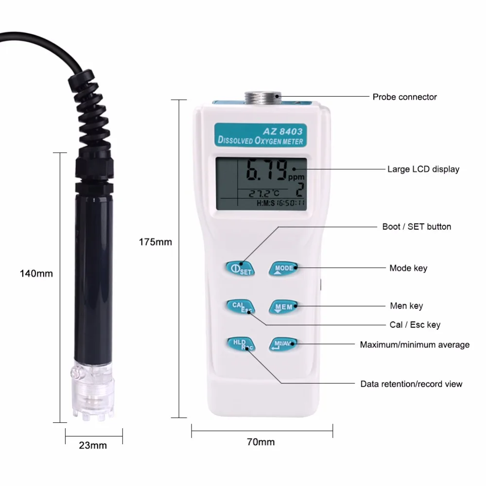  New Come AZ8403 Oxygen analyzer meter aquarium oxygen density sensor Probe Portable dissolved oxyge