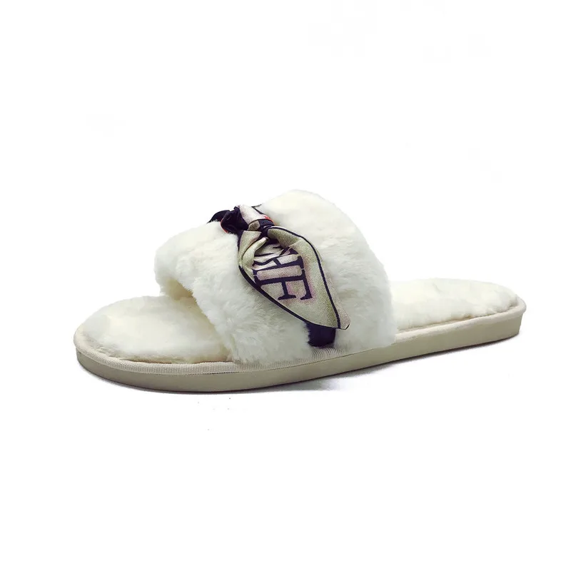 

CONSTANT Ribbon bow plush slippers Cotton slippers Slip on Warm Shoes Faux Fur non-slip flats plush Shoes Casual Shoes for home