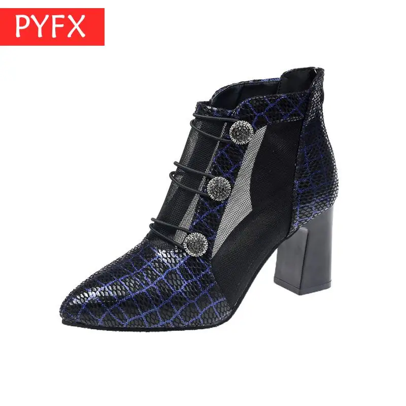 

Summer New Korean Version Of Pointed Thick-heeled Zipper Banquet Blue Womens High-heeled Boots Mature white collar work sandals