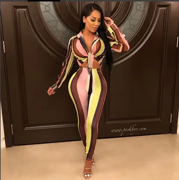 

Europe and America model and elegant dark striped long-sleeved shirt leggings suit LZ-387 sexy hot girls slip fashion suit