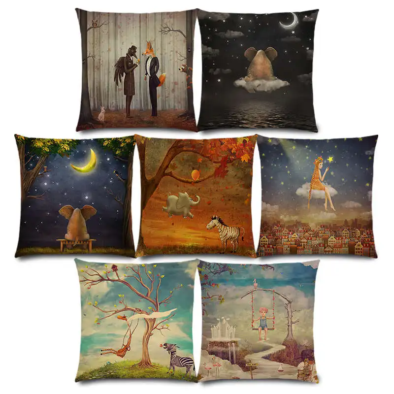 

New Mysterious Imagine Animals Forest Children Fantastic Clouds Sky Moon Stars Dream Fairy Tale Cushion Cover Pillow Case