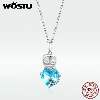 

WOSTU Clear S925 Hot Fashion Blue Kitty Necklace 100% Real 925 Sterling Silver Cute Cat CZ Necklace For Women DXN331