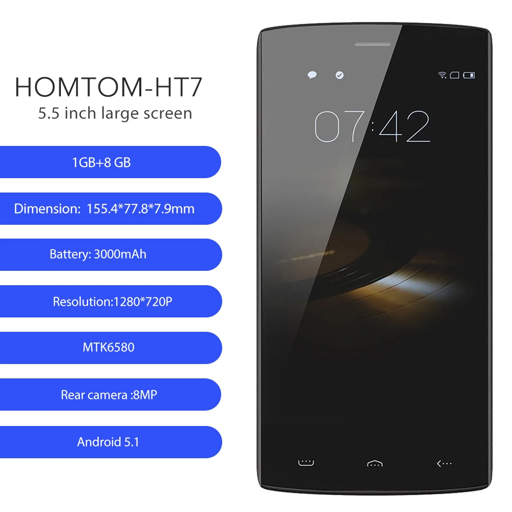 Оригинальный HOMTOM HT7 5 ''смартфон 3G Android 1 MTK6580 4 ядра 0 ГГц г + 8 1280x720 мобильный