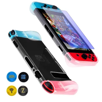 

6 in 1 Kit Accessories for Nintend Switch TPU Protective Case Tempered Glass Film with 4 Silicon Analog Caps for NS Joy-Con
