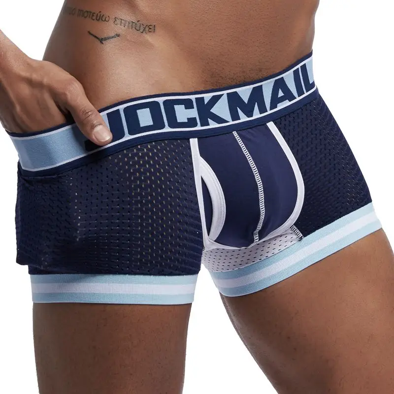 JOCKMAIL, 1 шт./лот, мужское нижнее белье, боксеры, сетка, Cuecas, боксеры, мужские боксеры, боксеры, мужские трусы, мужские трусы для геев, calzoncillos - Цвет: Синий