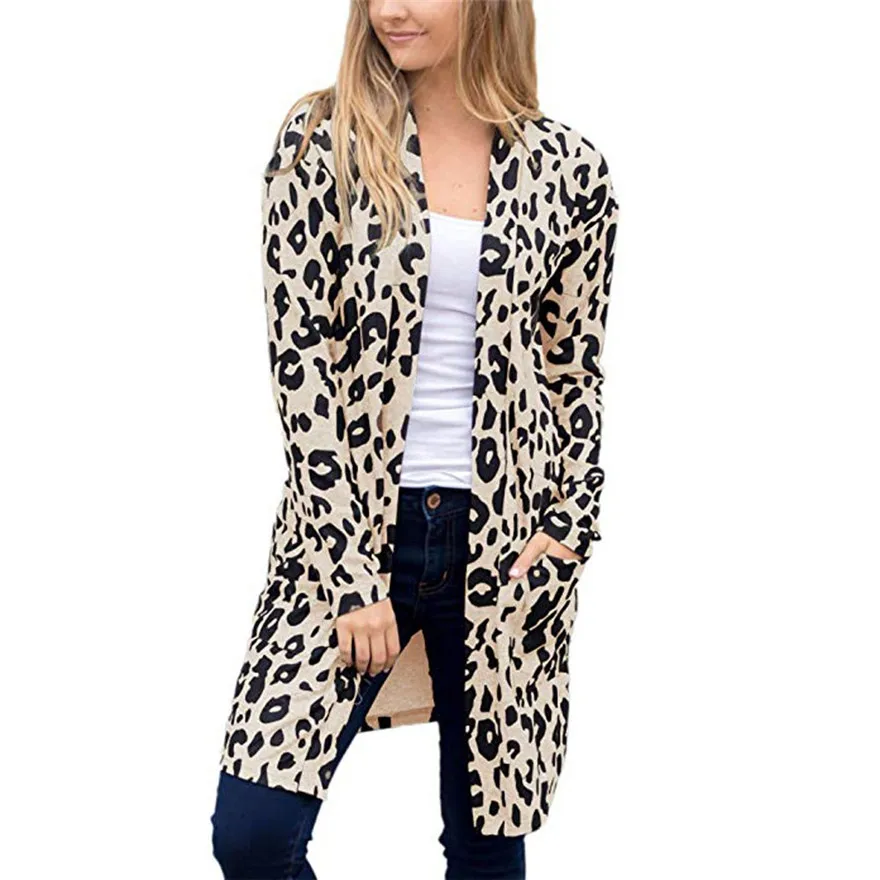 Женская мода Леопардовый принт длинный рукав карман пальто Блузка Кардиган Топ#1022 A#487 - Цвет: Brown
