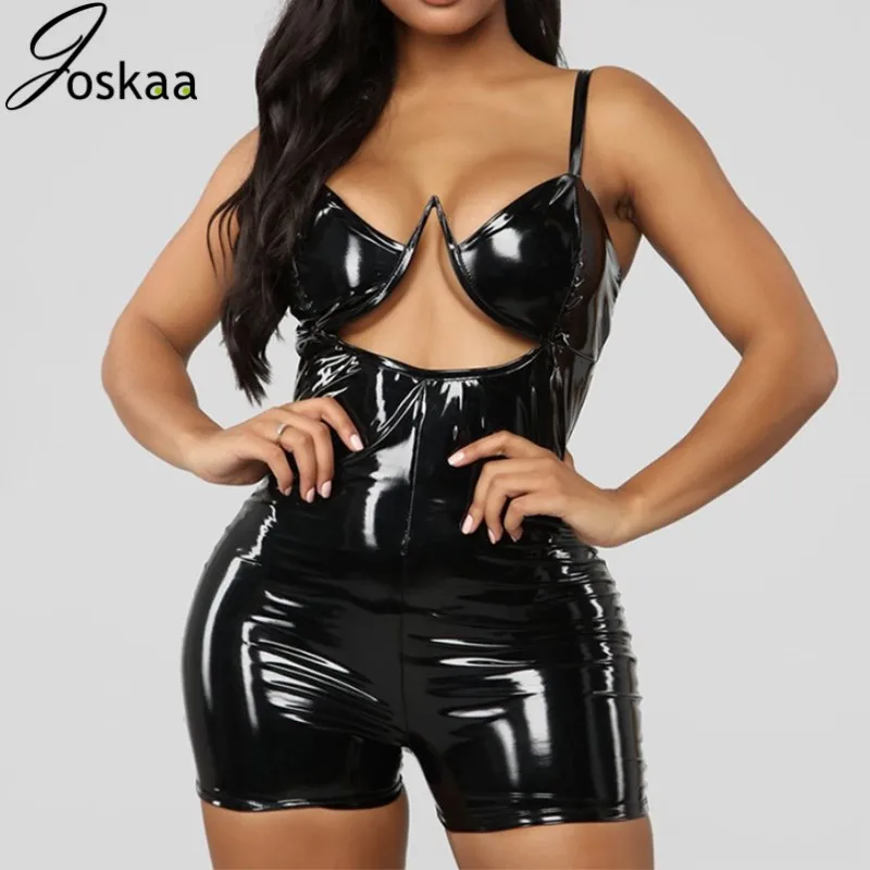 

Joskaa Sexy Pu V Neck Leather Playsuit WOmen Hollow OUt High Waist Skinny Streetwear Short Jumpsuit Combinaison Body Femme