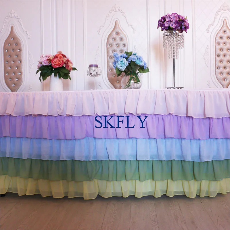 

SK008A custom made birthday party wedding ruffled pastel color combination chiffon table skirt for 6ft rectangle table