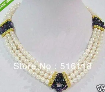 

Free Shipping Beautiful 3row white pearl &purple jade necklace