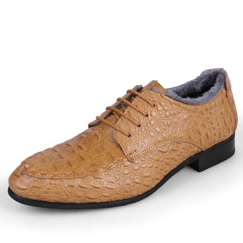 LAISUMK/Брендовые мужские оксфорды из натуральной кожи; деловые мужские туфли из крокодиловой кожи; Мужские модельные туфли; большие размеры; мужские свадебные туфли - Цвет: brown with fur