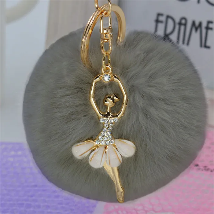 Fashion Crystal Ballet Dancing Fairy Faux Rex Rabbit Fur Ball Pom Pom Gold Key Chains Woman Bag Charms Keyring Car Ring Trinket (12)__