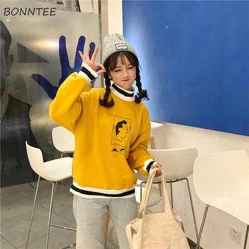 

Hoodies Women Warm Clothing Lady Long Sleeve Korean Turtleneck Womens Student Thicker Harajuku BF Patchwork Cartoon Soft Elegant